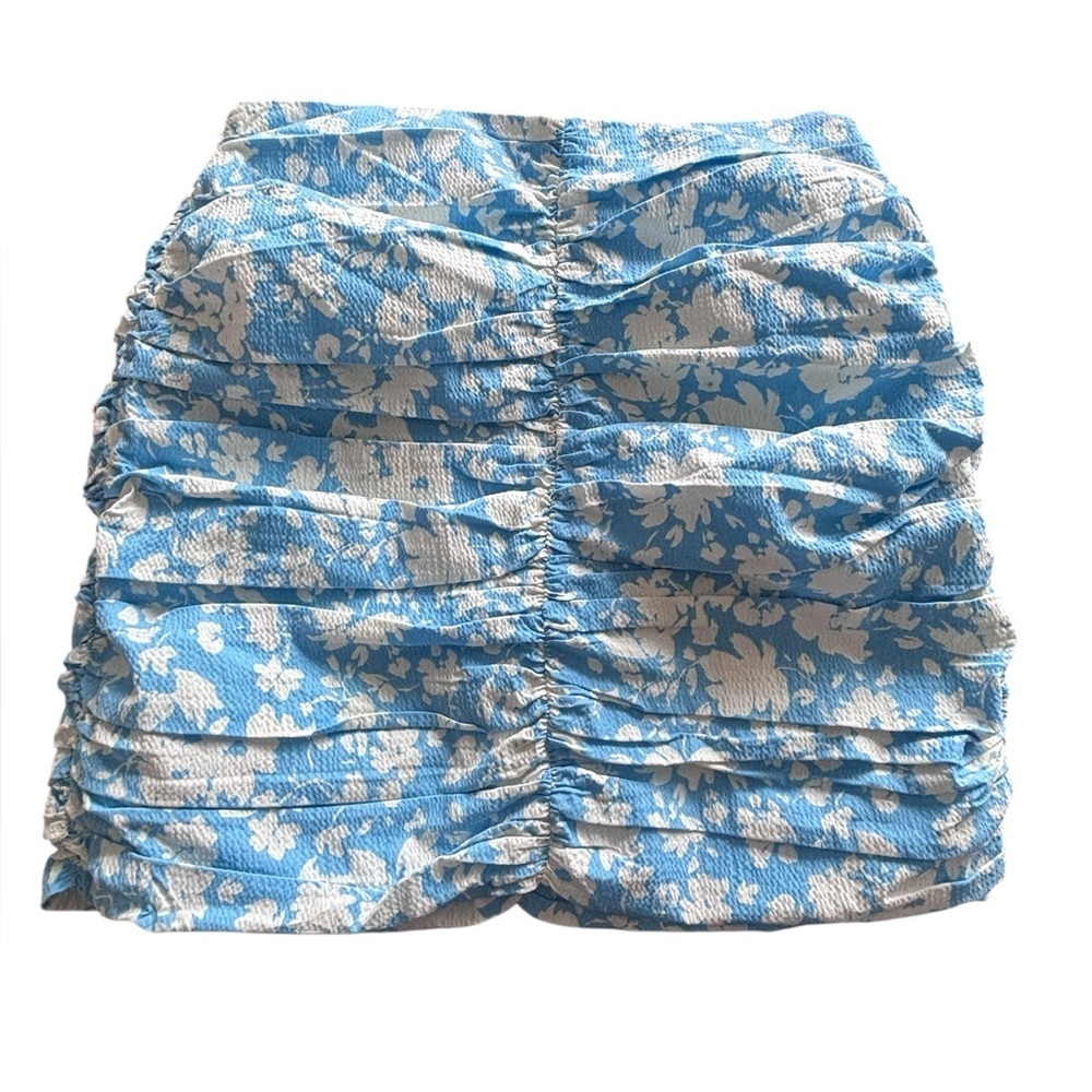 NWT Mango Ruched Floral Midi Skirt Blue White Summer Cottagecore Size M